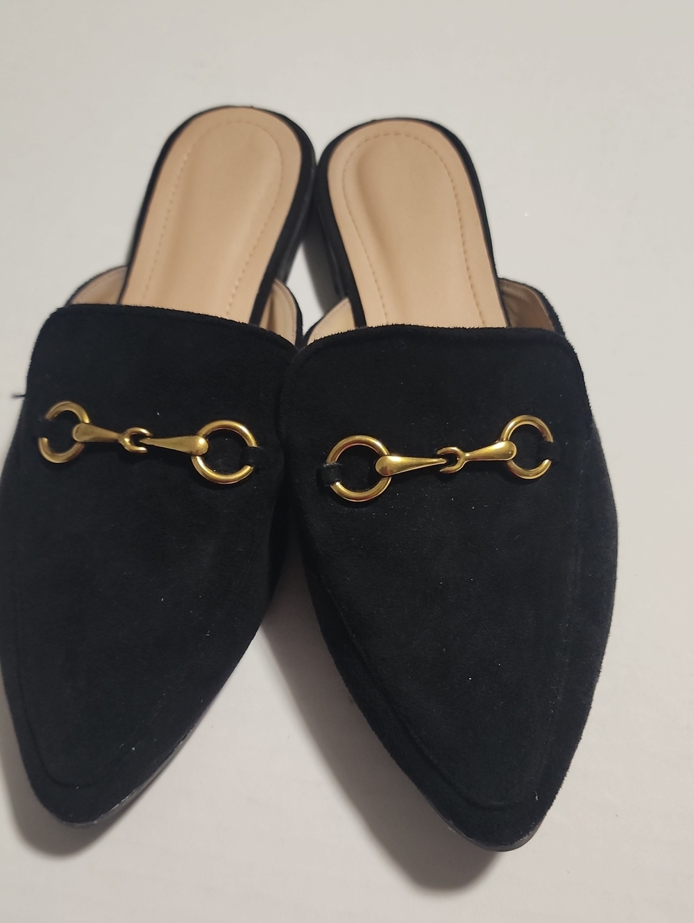Black Suede Pointed Toe Mule with Gold Bit Detail